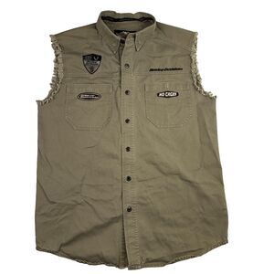 Harley Davidson Mens Sleeveless Brown Jean Jacket Medium Embroidered 'No Cages'